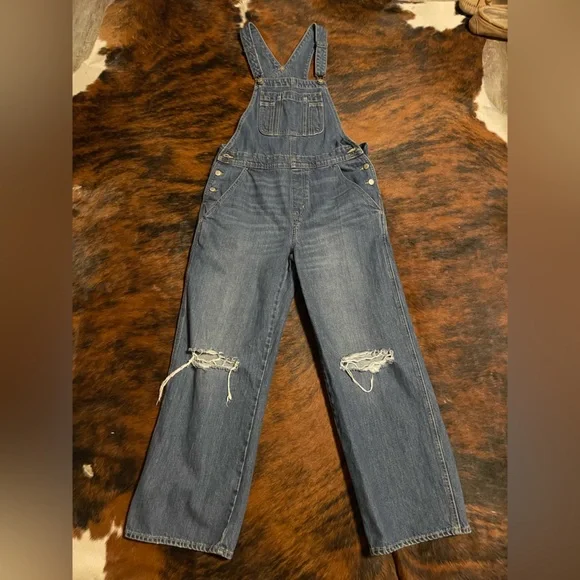 Old Navy Blue Jean Overalls Denim Distressed - Picture 4 of 6